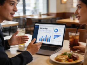 A man and woman engaged in a discussion over restaurant marketing strategies, sitting across a table with papers and notes, brainstorming ideas to attract more customers