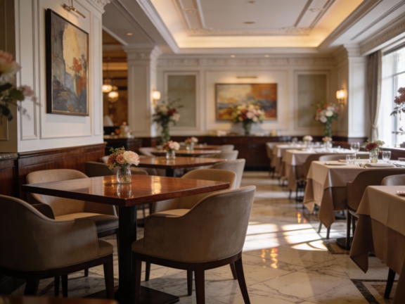 A warm and inviting restaurant corner featuring a comfortable chair and a small table adorned with a vibrant flower, creating a cosy dining atmosphere