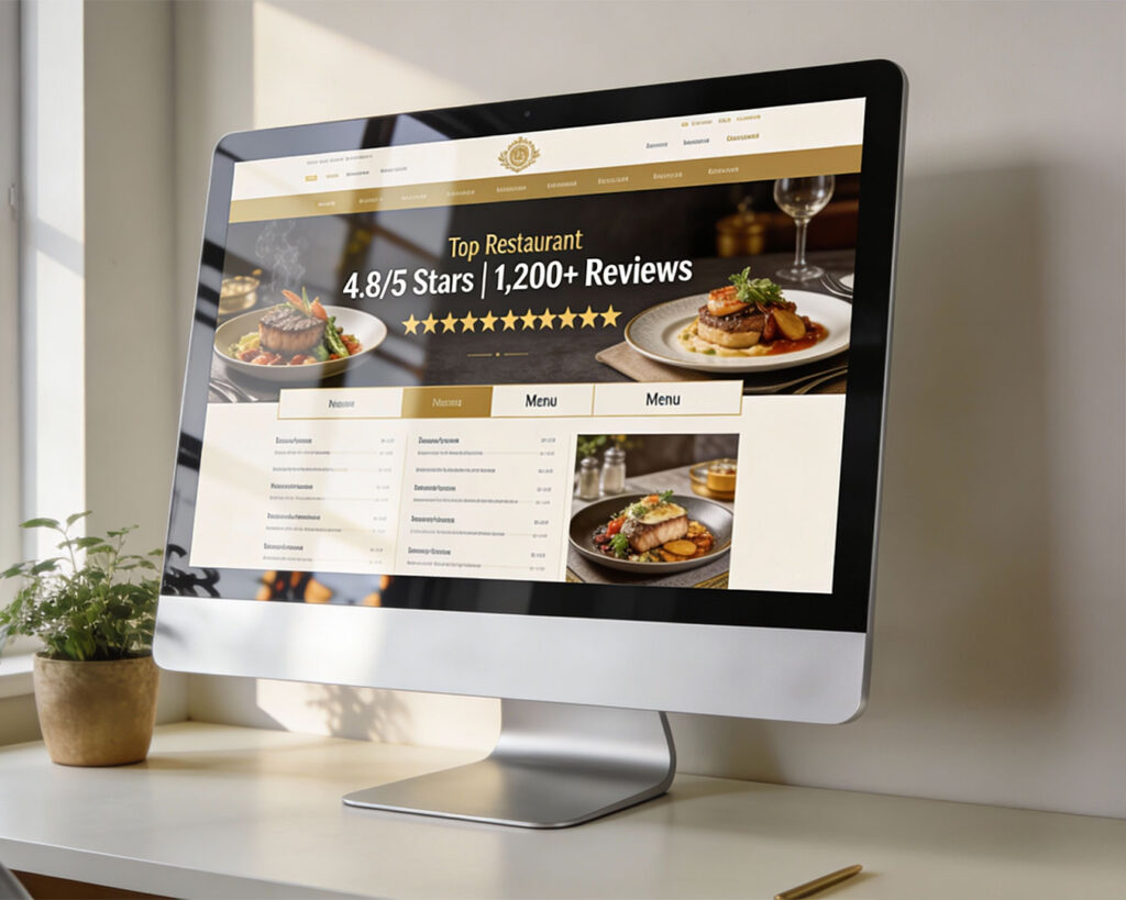 A computer screen displaying a list of top-rated restaurants with photos, ratings, and brief descriptions, highlighting dining options for users seeking the best culinary experiences