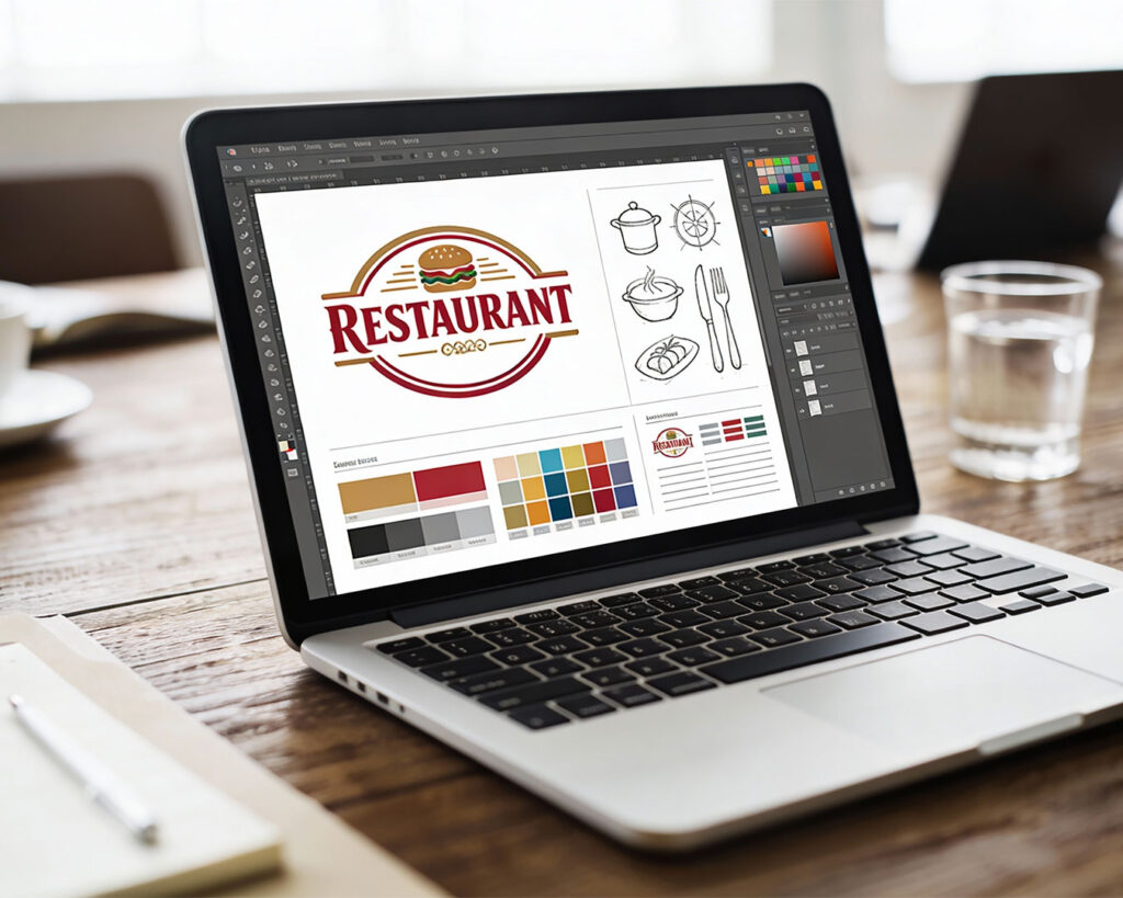 Close-up of a laptop screen displaying the step-by-step process of creating a logo, showcasing creative design work in progress