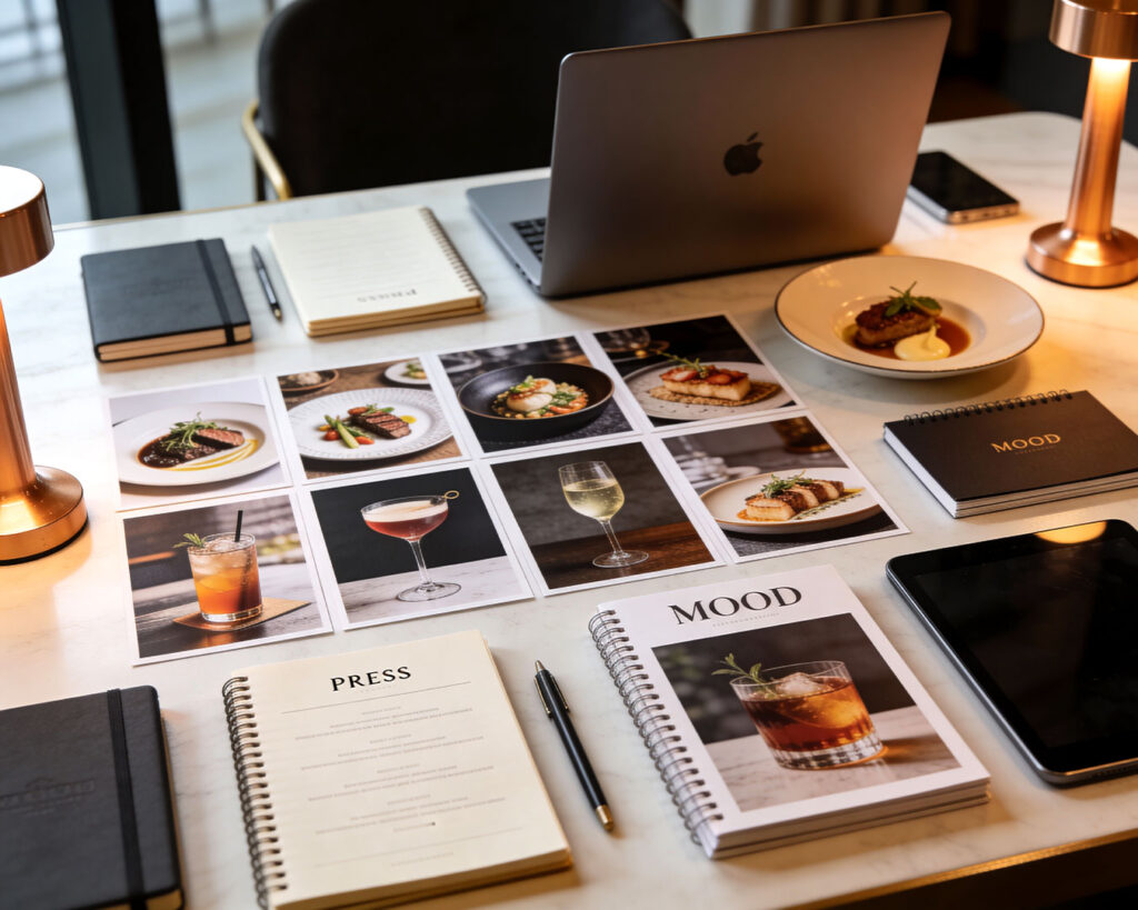 A laptop placed on a wooden table alongside a plate of food and a drink, illustrating the combination of culinary delights and digital tools for brand building