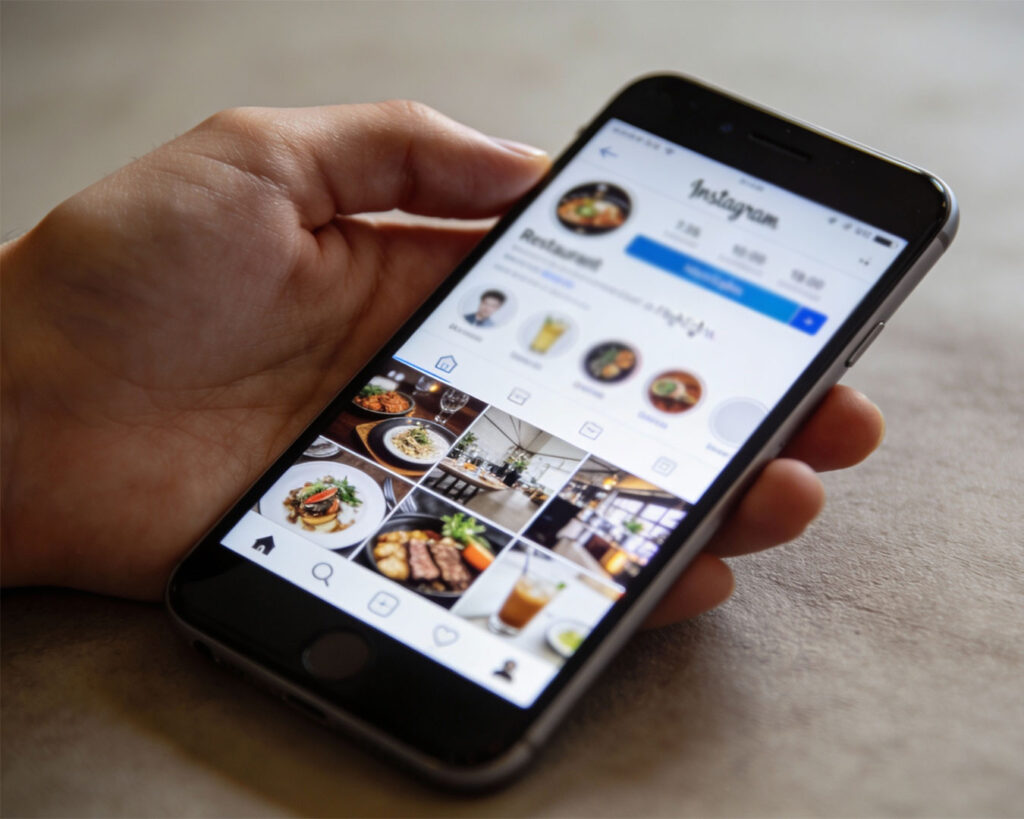 hand holding a smartphone, opening the restaurant’s Instagram page, showcasing posts of dishes and promotions, highlighting social media engagement