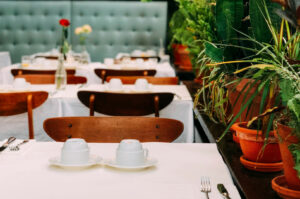 Cozy cafe setting with wooden chairs and white tablecloths, adorned with teacups. A single red rose and lush green plants create a serene ambiance.
