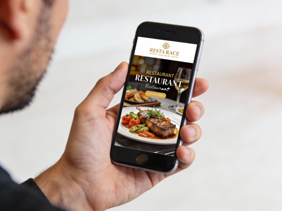 A man holding a smartphone, browsing a restaurant’s website, focusing on the screen while sitting at a table, suggesting interest in checking the menu or making a reservation