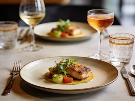 An elegantly plated fine-dining dish accompanied by carefully crafted drinks on a restaurant table, showcasing premium ingredients, artistic presentation, and an elevated dining atmosphere.