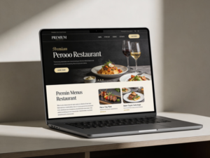 A laptop placed on a desk displaying a modern restaurant website, featuring refined visuals, clear navigation, and a sophisticated layout that highlights the brand’s dining experience and offerings.