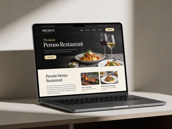 A laptop placed on a desk displaying a modern restaurant website, featuring refined visuals, clear navigation, and a sophisticated layout that highlights the brand’s dining experience and offerings.