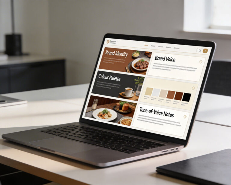 A laptop screen displays a restaurant’s brand identity, featuring its logo, colour palette, and typography arranged neatly on a digital design layout.