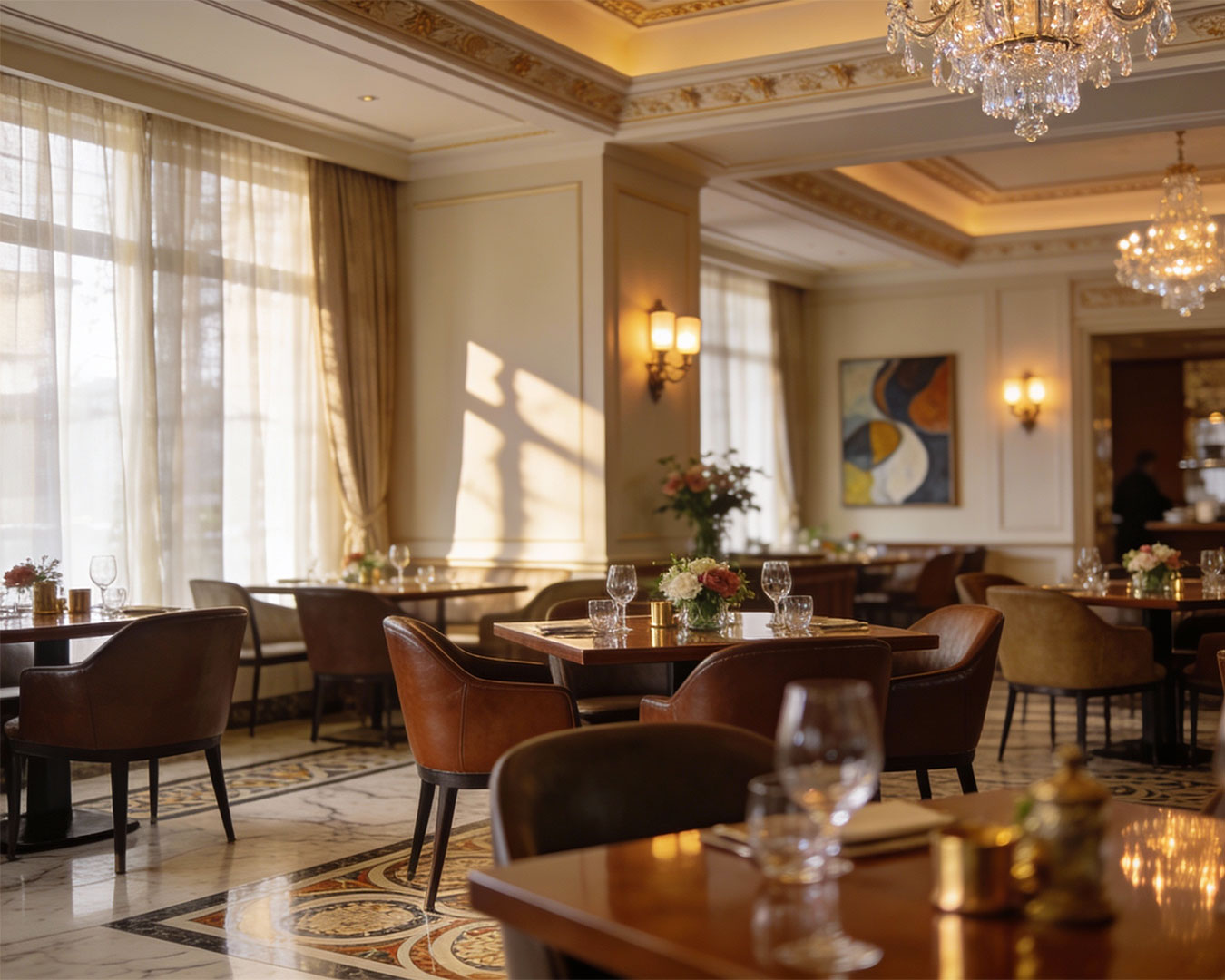 Modern restaurant interior with neatly arranged tables, warm lighting, and a welcoming dining atmosphere.