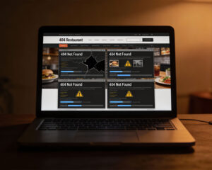 A laptop screen displaying a “website not found” error message, suggesting an unavailable or broken webpage.
