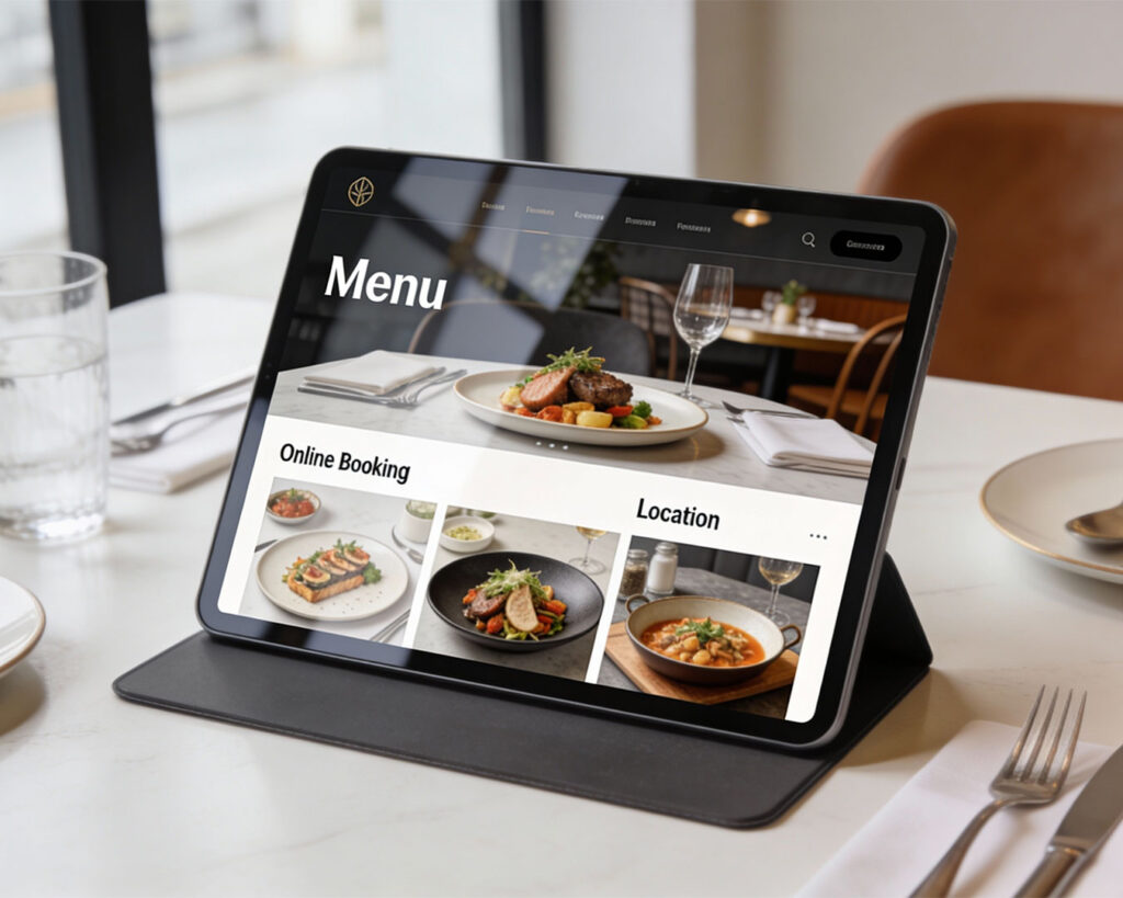 A tablet screen displaying a restaurant’s online booking page, with date, time, and guest options visible, highlighting the ease of making a reservation digitally.