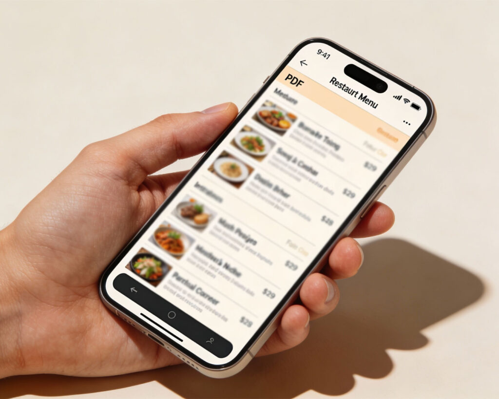 A smartphone screen displaying a restaurant menu in PDF format, showing a digital version of food offerings.