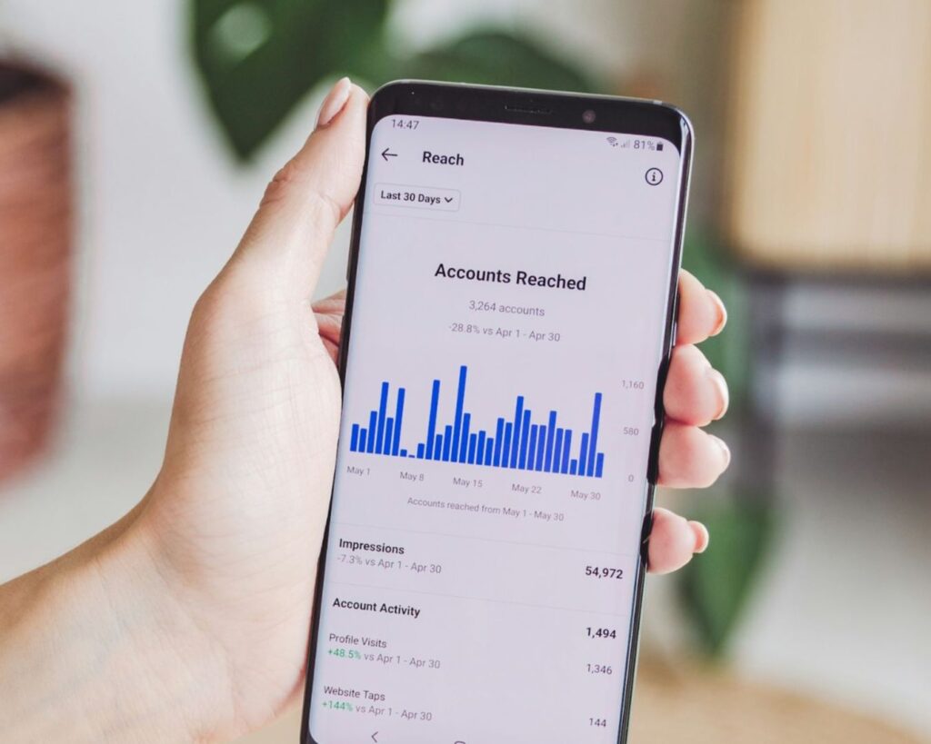 A hand holds a smartphone displaying a graph of social media reach over the last 30 days. Blue bars rise against a white background, indicating views and activity.