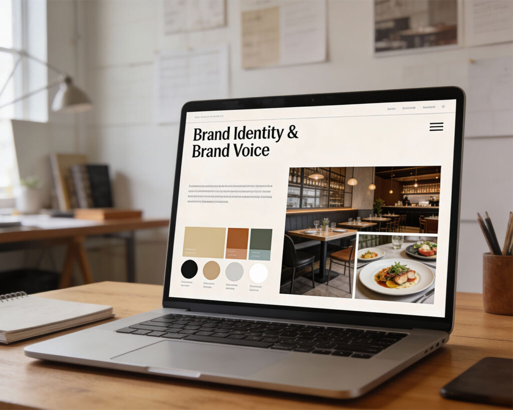 A laptop screen displaying a restaurant’s brand identity design, including logo and colour palette, shown on a clean workspace for digital presentation