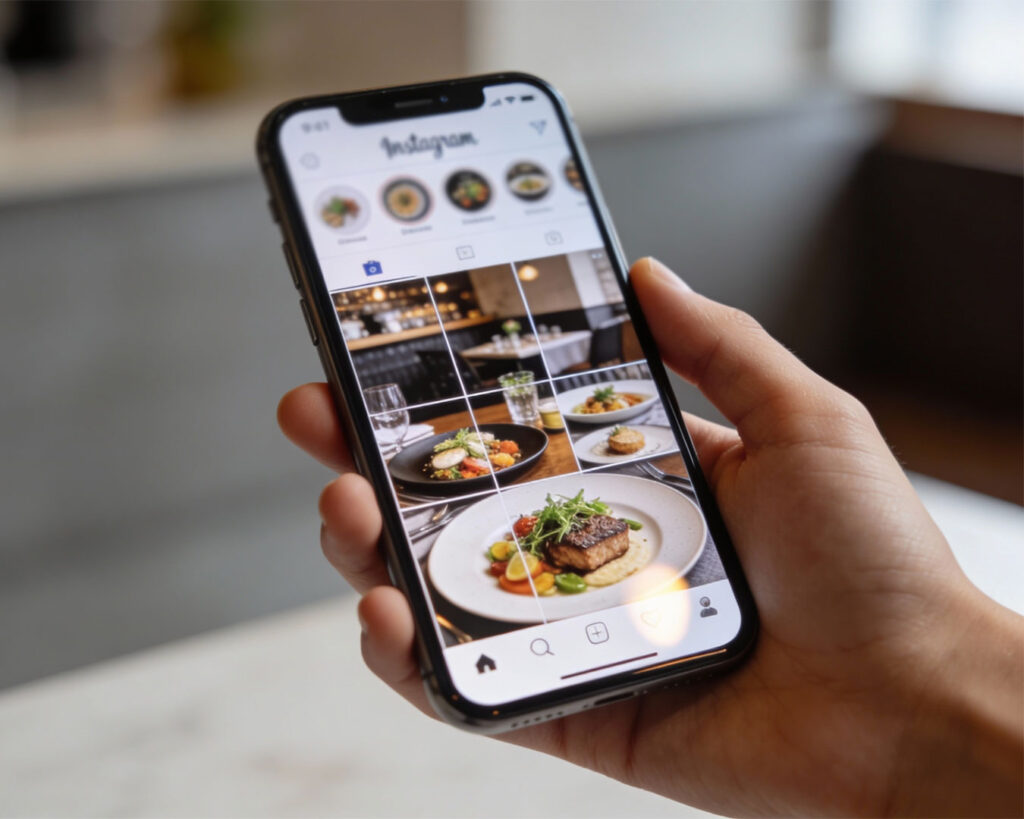 A hand holding a smartphone opened to a restaurant’s Instagram profile, showcasing food posts and profile details that reflect the brand’s visual identity.