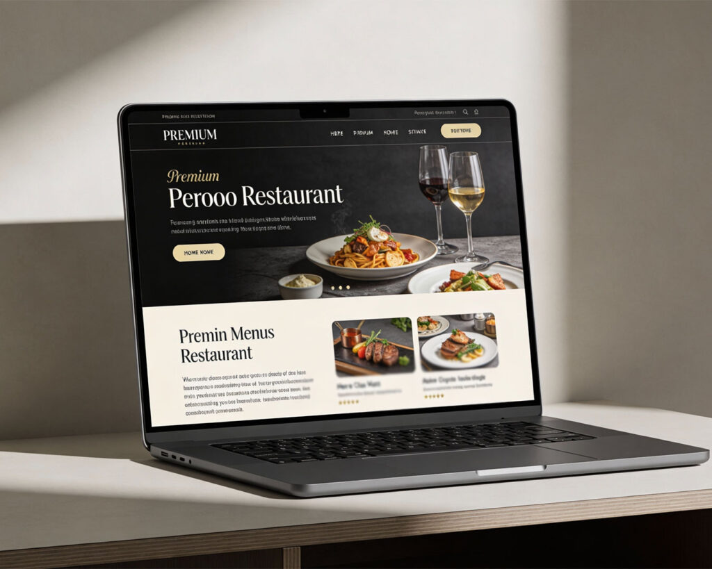 : Laptop screen showing a restaurant website with menu images and layout, indicating online browsing or digital ordering.