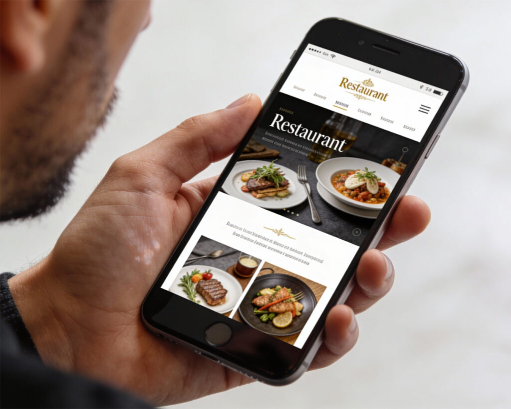 A man browsing a restaurant website on his phone screen, checking food options and menu details.
