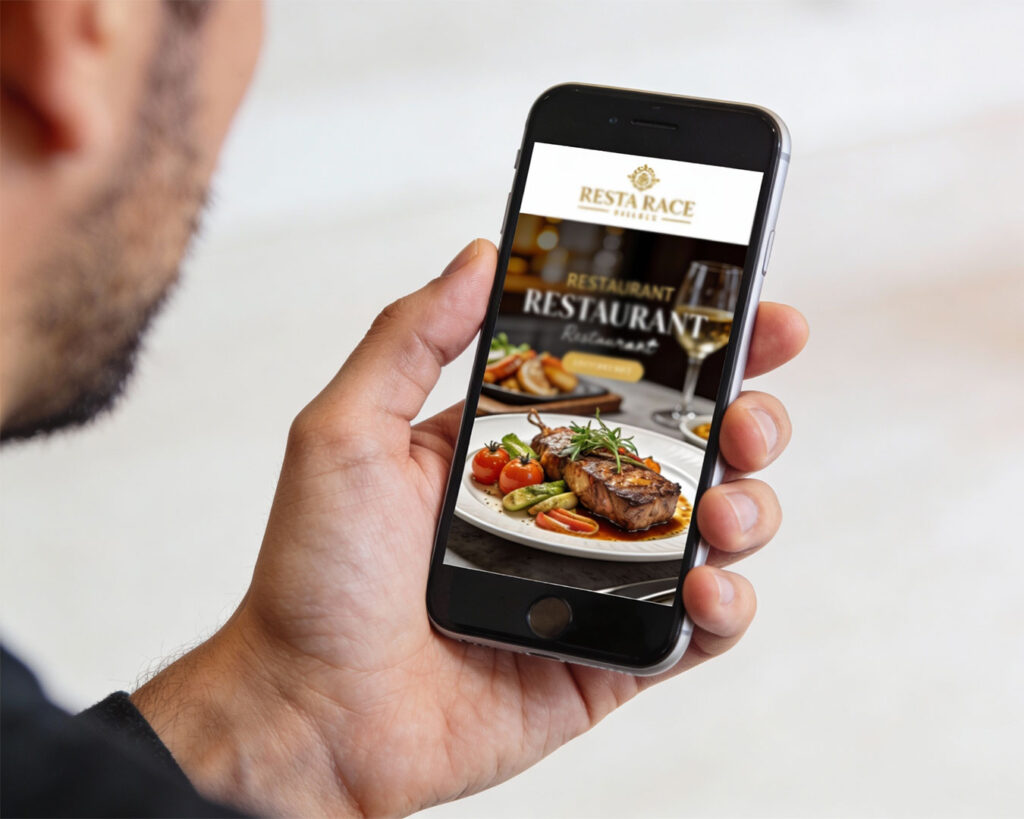 A man holding a smartphone displaying a restaurant website, highlighting mobile-friendly design and easy access to menu information.