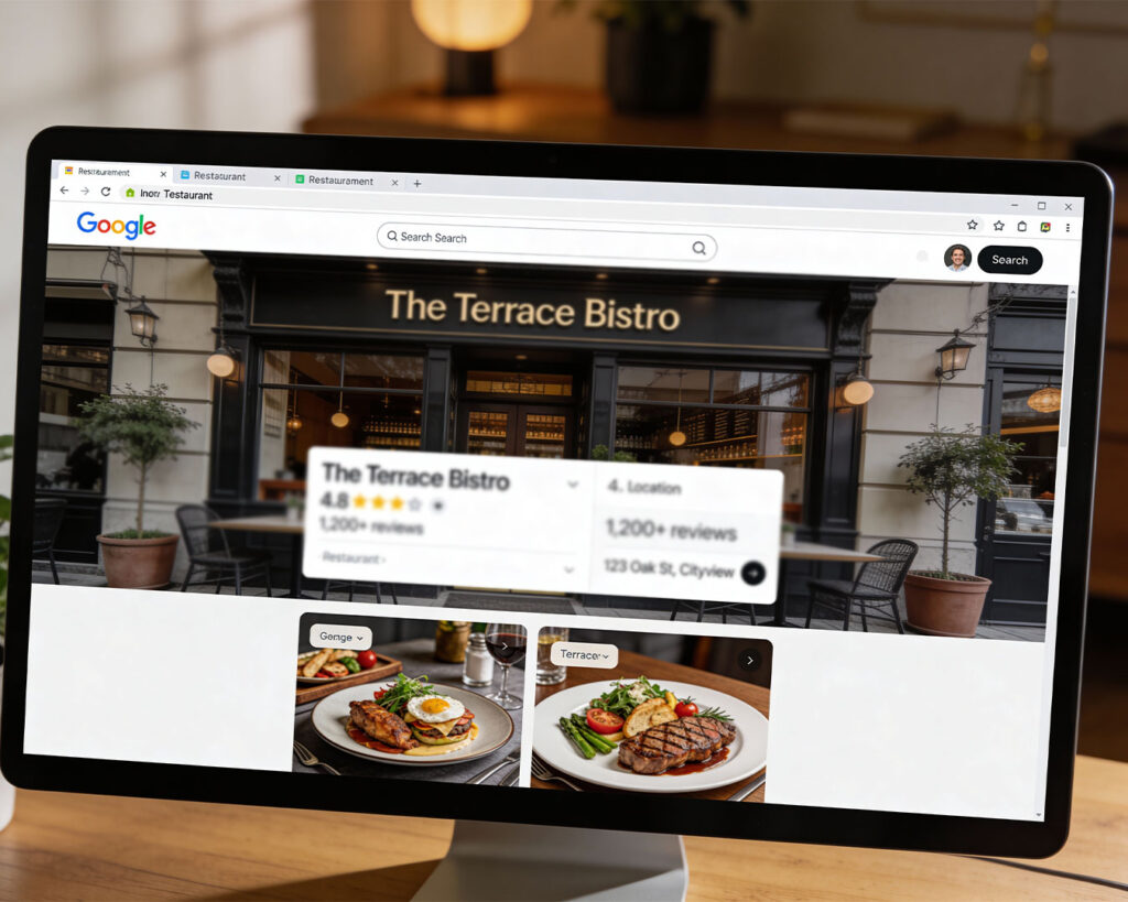 A digital screen displaying customer ratings and written reviews for a restaurant, showing public feedback and reputation.