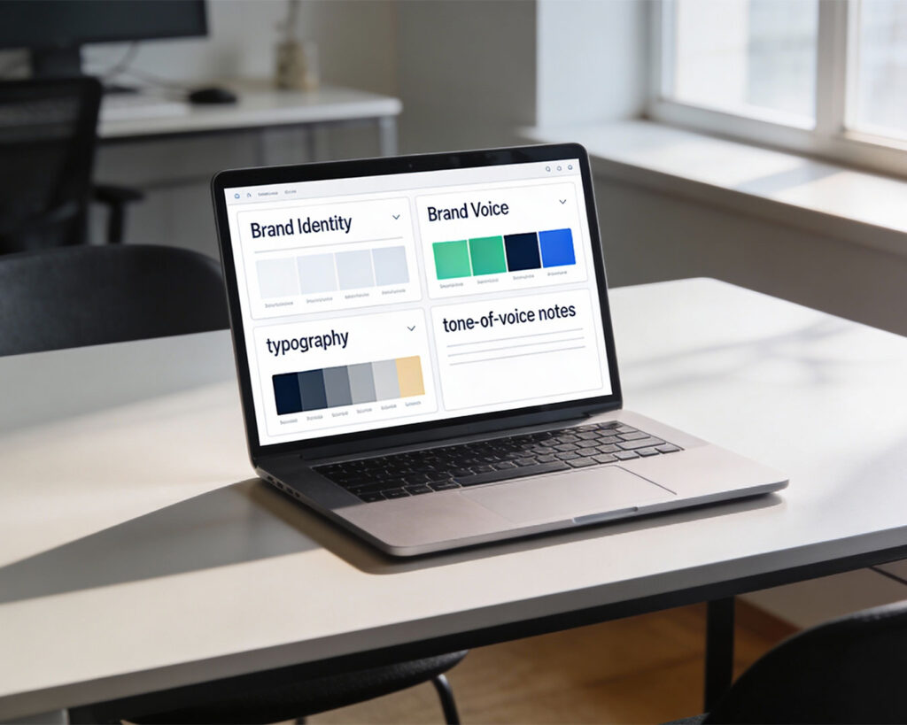 A laptop screen displaying a restaurant’s brand identity and brand voice guidelines, showing colours, fonts, and messaging style for consistent marketing.