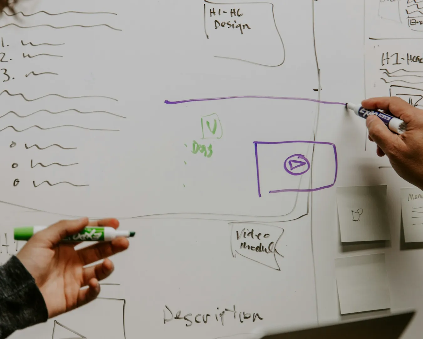 Two people collaborate at a whiteboard covered with sketches and notes in various colors. Their hands gesture, indicating brainstorming and planning.