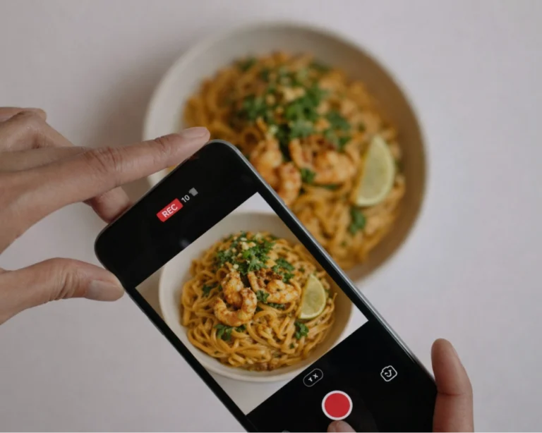 Close-up of hands holding a smartphone capturing a bowl of laksa pasta. The dish, garnished with herbs and lime, conveys a fresh and appetizing mood.