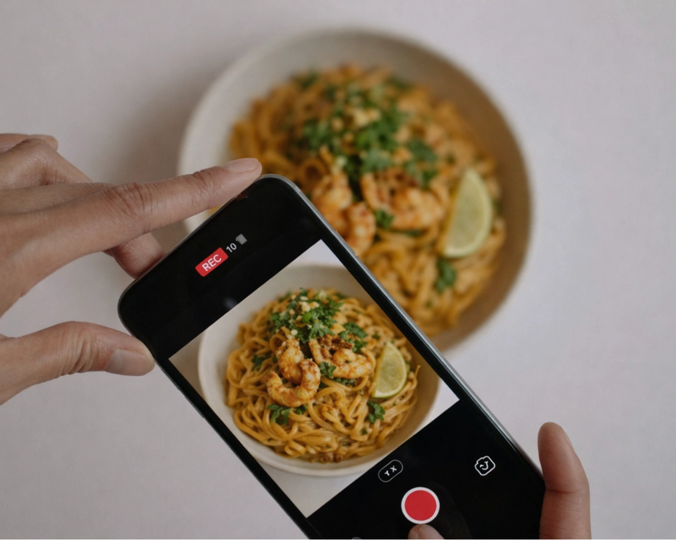 Close-up of hands holding a smartphone capturing a bowl of laksa pasta. The dish, garnished with herbs and lime, conveys a fresh and appetizing mood.