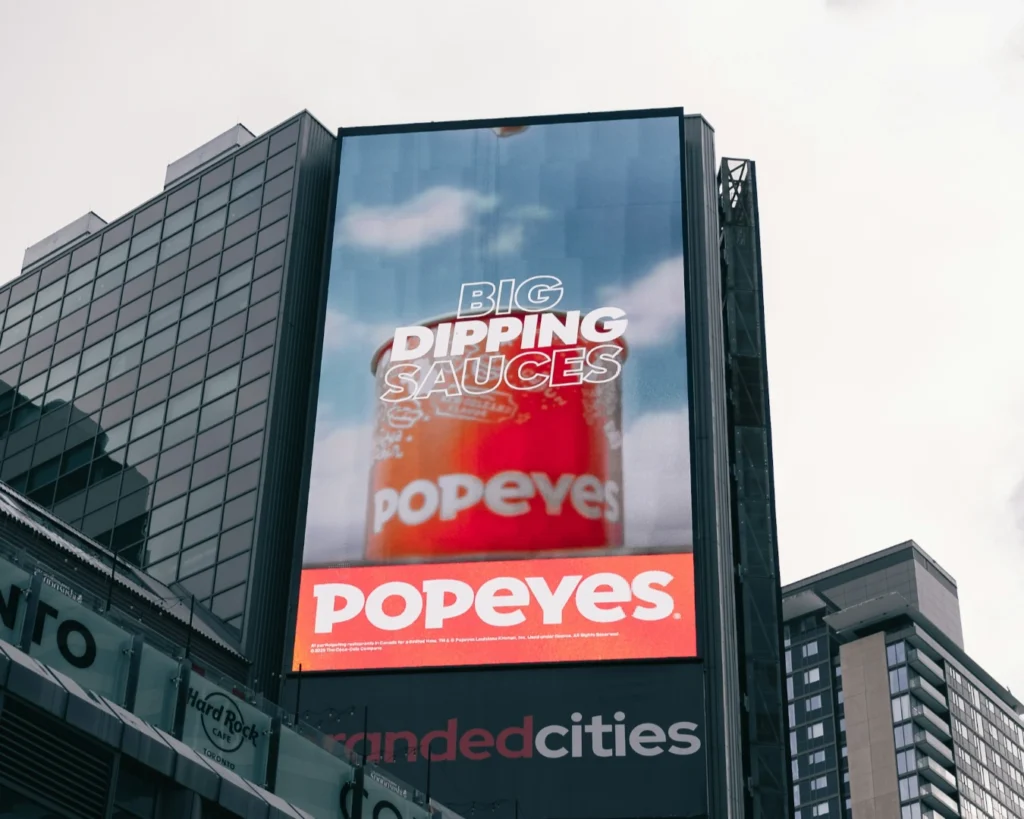 A large digital billboard displays an ad for Popeyes, featuring “Big Dipping Sauces” in bold text. The urban setting conveys a lively, modern tone.