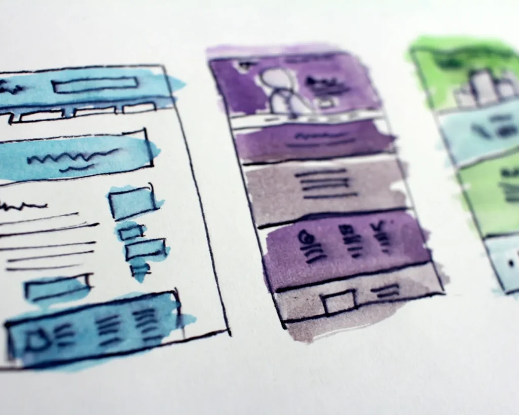 Sketch of three website wireframes with watercolor highlights in blue, purple, and green tones. The mood is creative and conceptual.