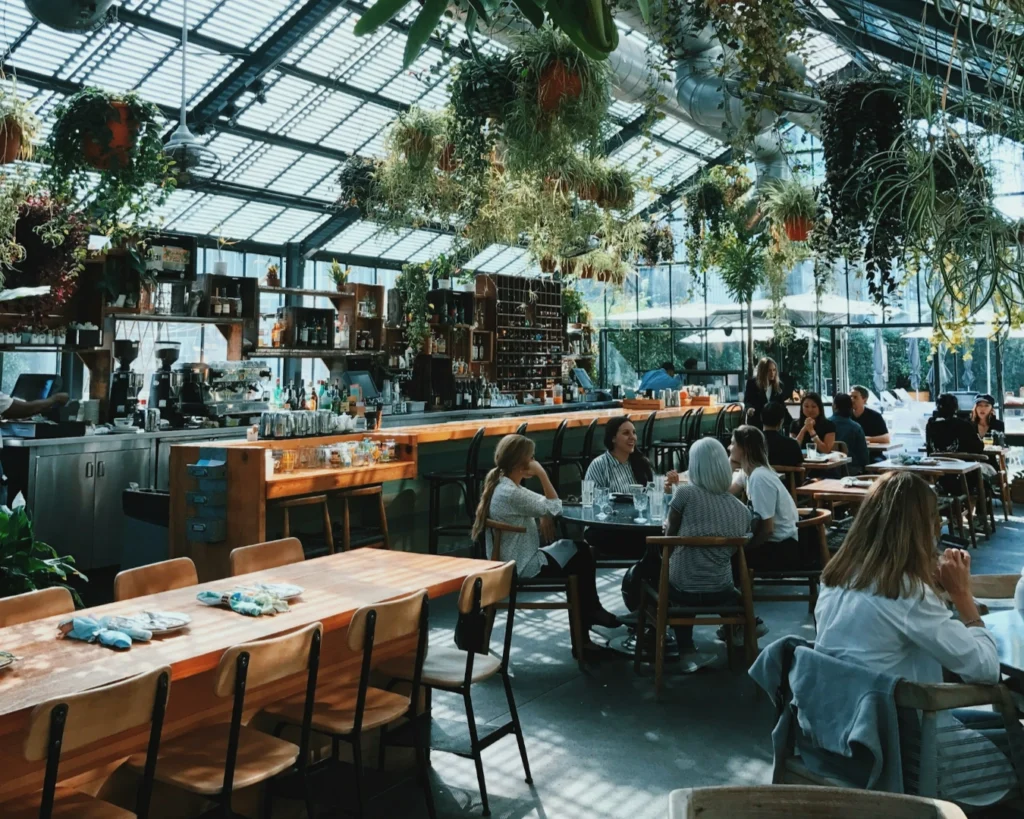 A spacious, sunlit café with lush hanging plants and large windows. People are seated at wooden tables, creating a lively and relaxed atmosphere.