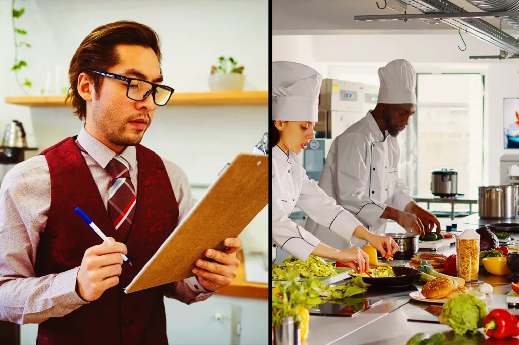 Restaurant manager planning operations while kitchen team prepares food, highlighting disconnect between marketing strategy and real F&B workflow