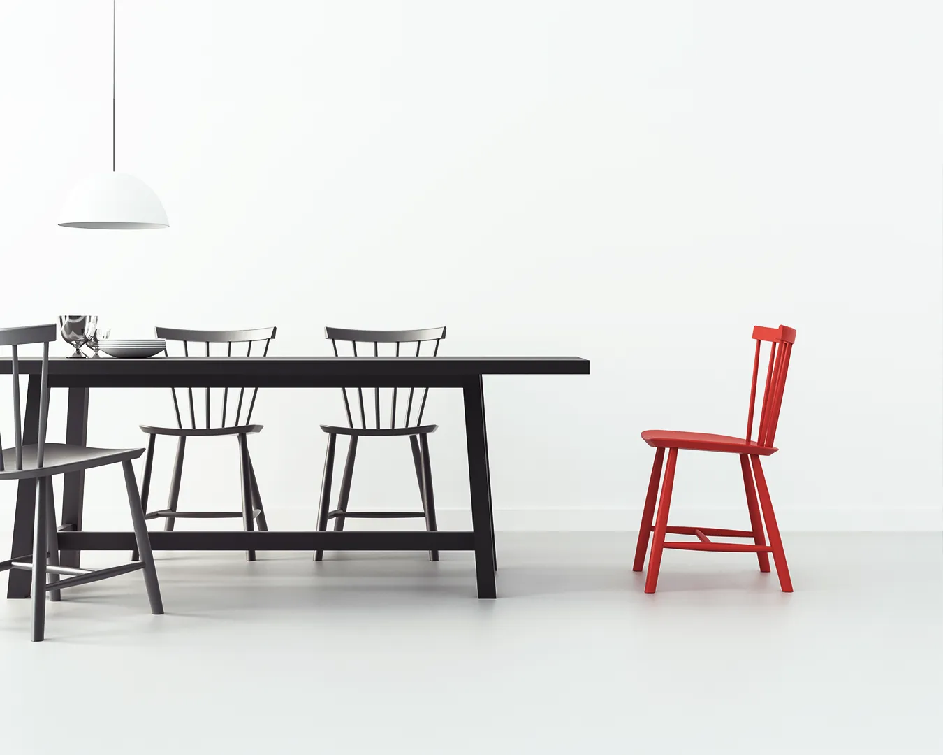 Minimalist restaurant interior with contrasting red chair beside monochrome dining table, symbolizing brand inconsistency and concept drift in modern F&B branding