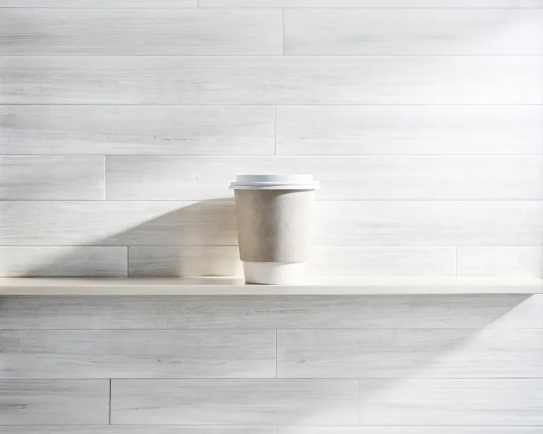 Minimalist takeaway coffee cup on white tiled shelf in modern café interior for restaurant rebrand consistency and café branding Singapore