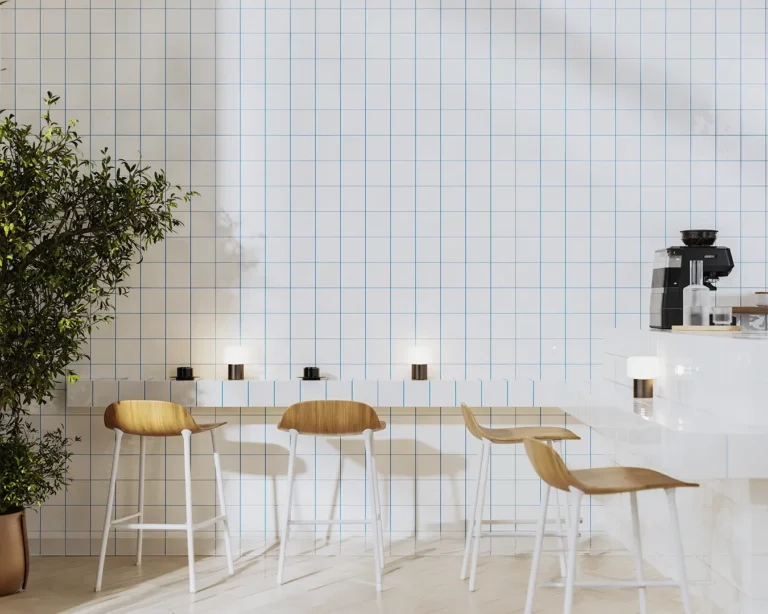 minimalist modern cafe interior with tiled walls and wooden stools for new restaurant marketing strategy