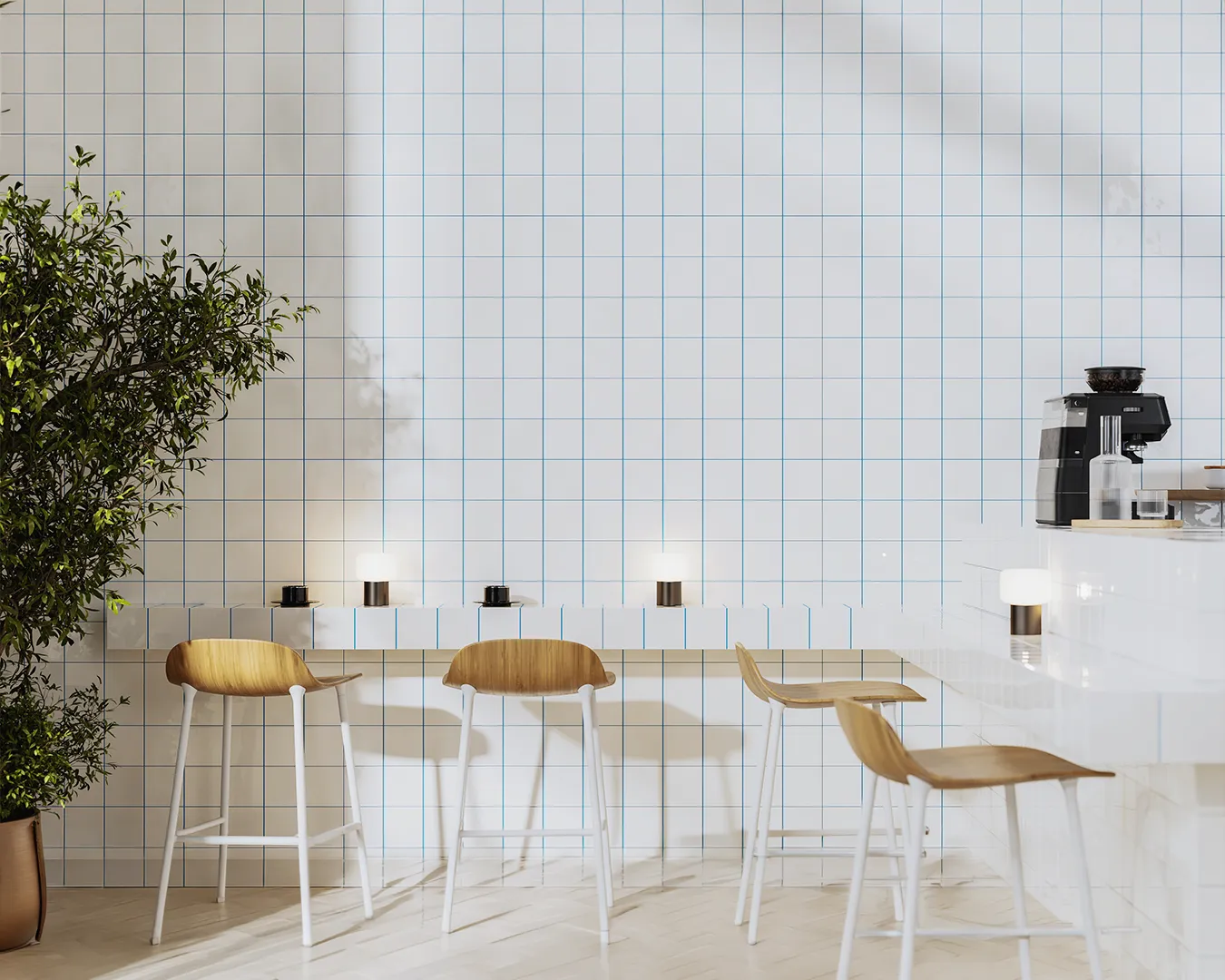 minimalist modern cafe interior with tiled walls and wooden stools for new restaurant marketing strategy