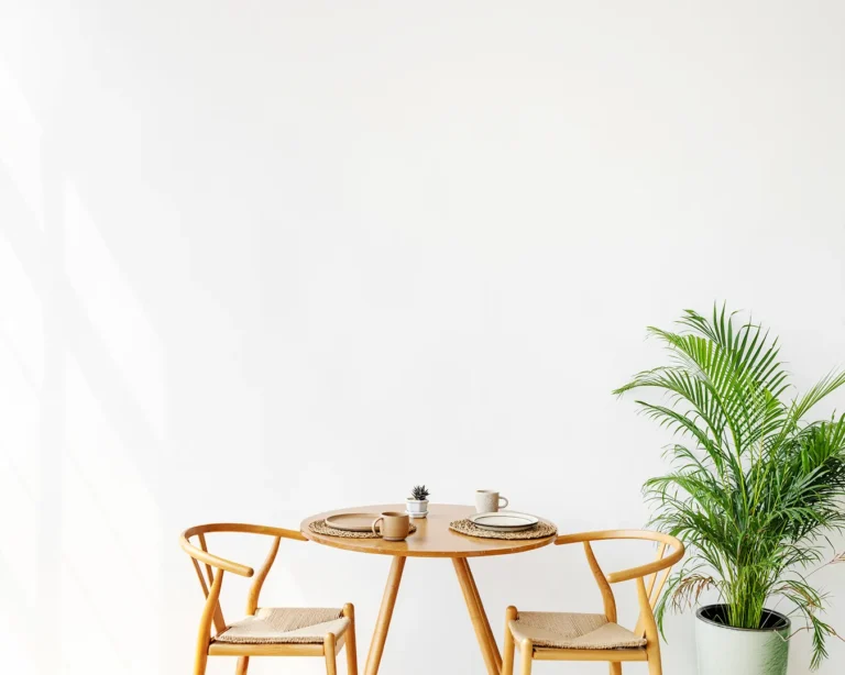Minimalist restaurant interior with natural wood chairs and clean white wall for modern restaurant branding article