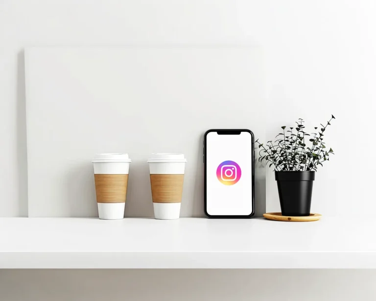 Minimalist restaurant marketing setup with Instagram app on smartphone beside takeaway coffee cups, representing social media strategy for Singapore F&B branding