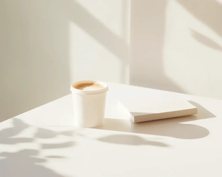 Minimalist coffee cup on white table in modern cafe setting representing restaurant branding agency consultation in Singapore.