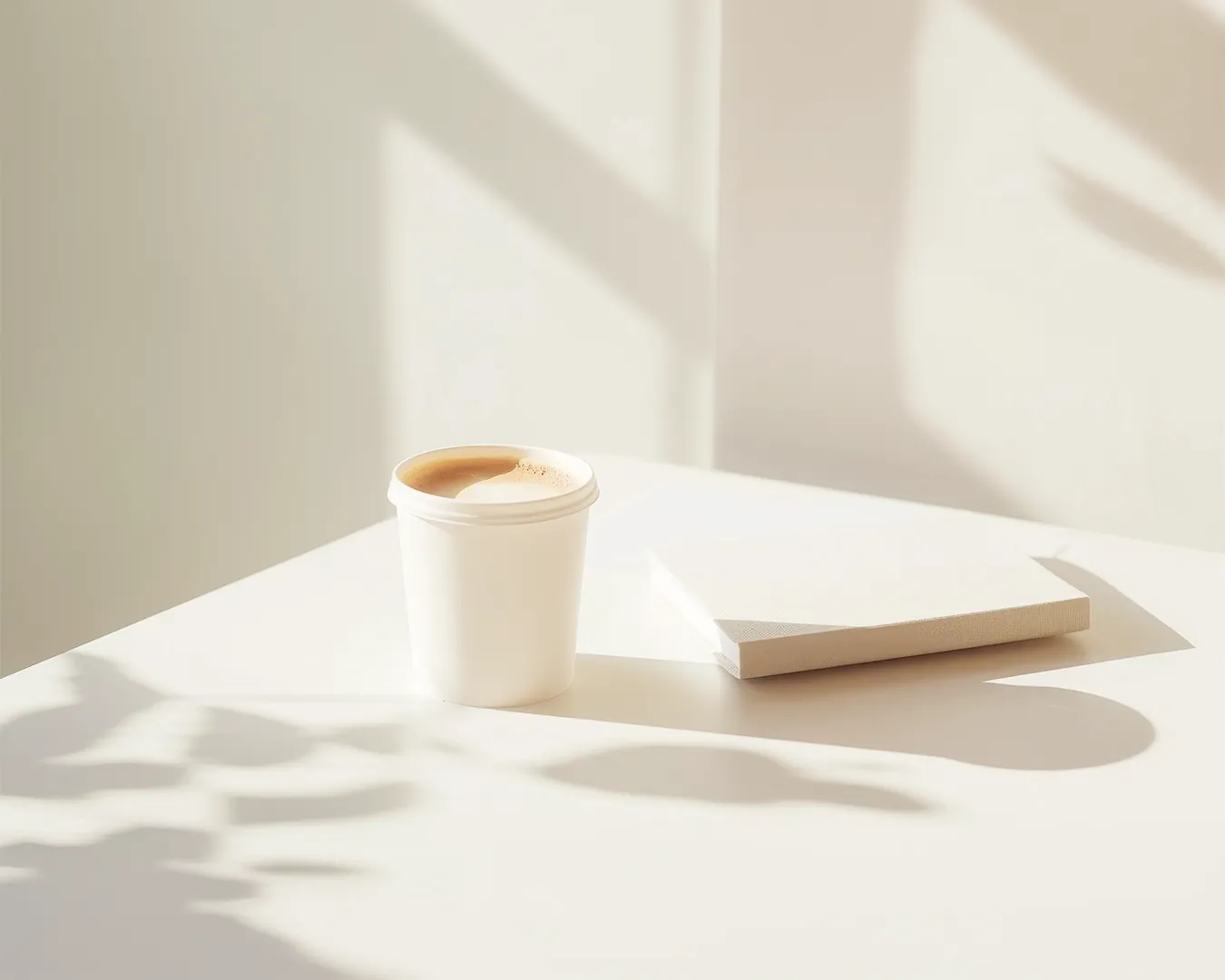 Minimalist coffee cup on white table in modern cafe setting representing restaurant branding agency consultation in Singapore.