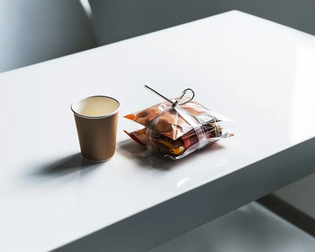 Minimalist cafe table with takeaway coffee and mismatched packaged snacks, representing restaurant brand drift and diluted menu identity
