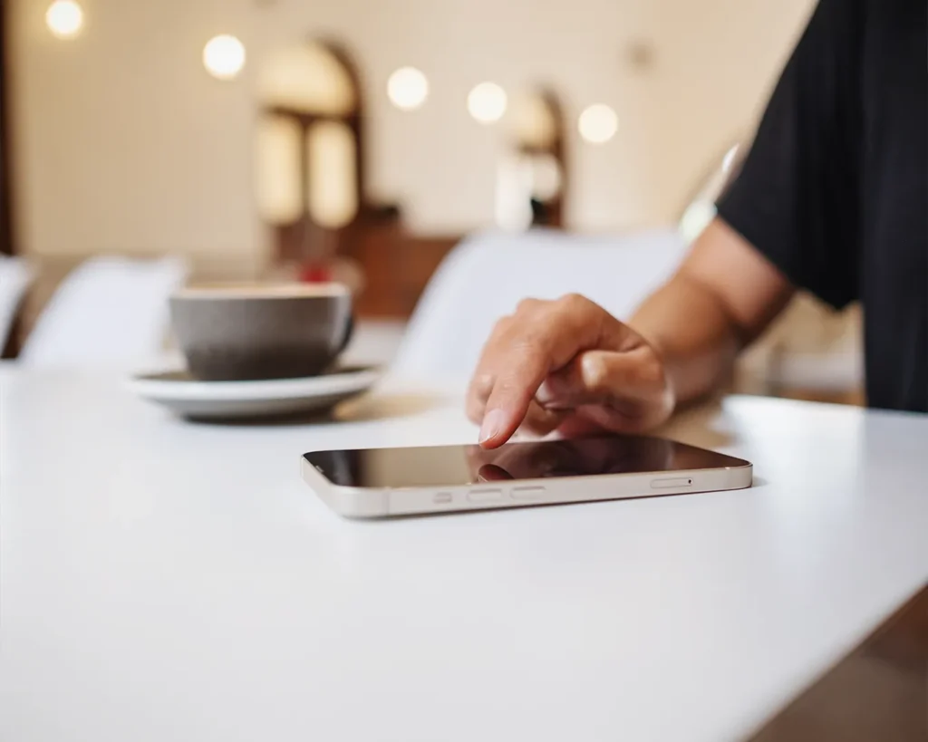customer using smartphone in cafe for restaurant marketing and online customer engagement