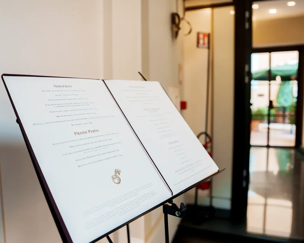 Elegant restaurant menu display near entrance showcasing premium restaurant branding and customer experience design in Singapore.