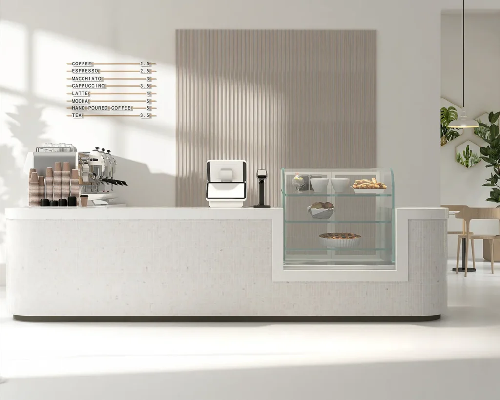 Minimalist café counter interior with cohesive menu board and modern branding design for restaurant brand consistency Singapore