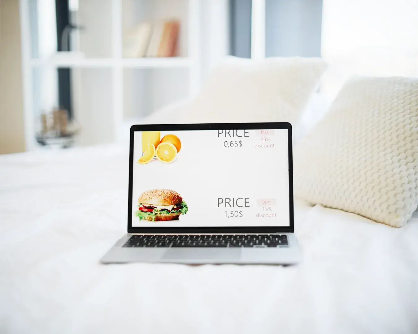 Laptop displaying an online restaurant ordering menu in a minimalist home setting, showcasing direct online ordering system, digital menu management, and restaurant eCommerce solutions.