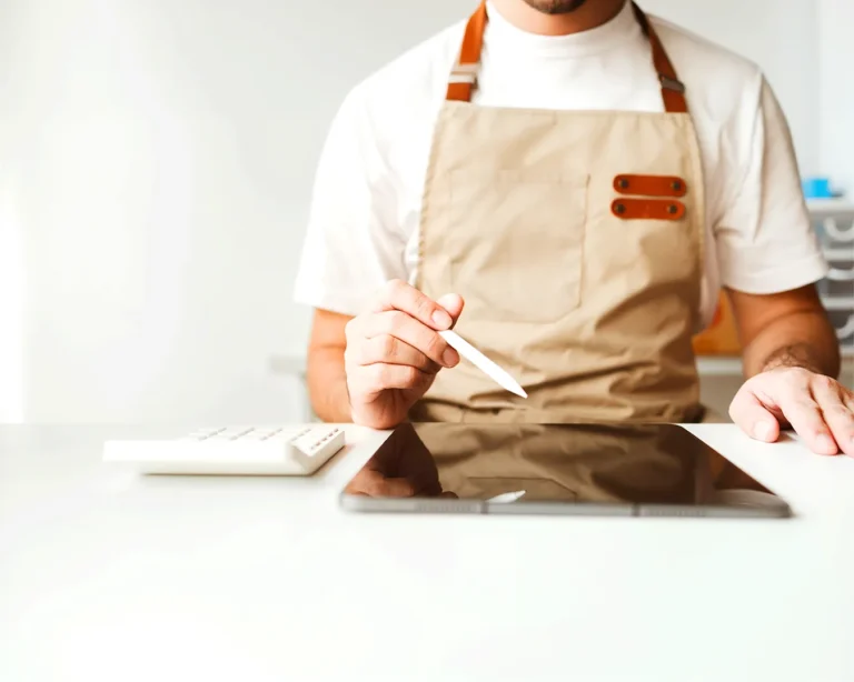 Restaurant owner using tablet to analyze customer data and digital marketing metrics