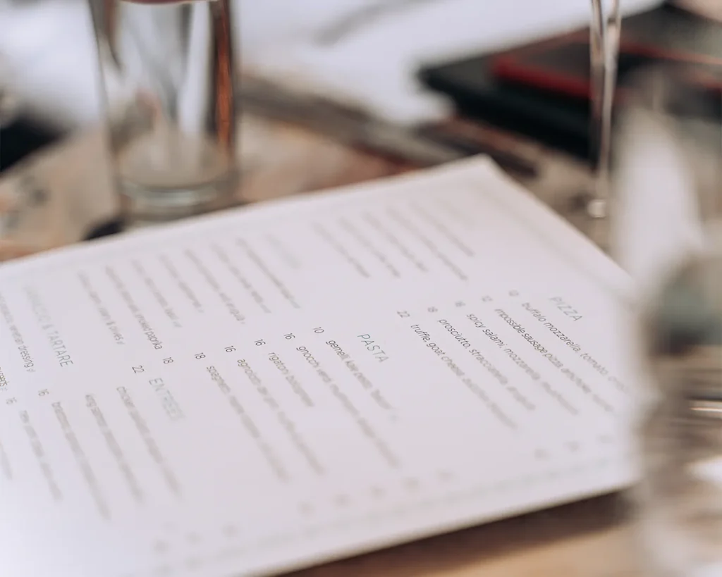 Elegant restaurant menu design featuring clean fonts and organized menu sections to enhance the dining experience and menu readability.