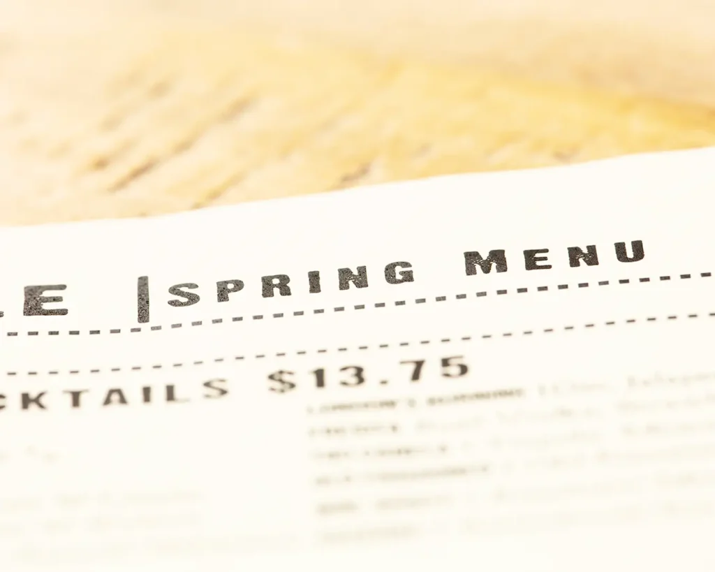 Seasonal restaurant menu featuring fresh dishes and updated food selections
