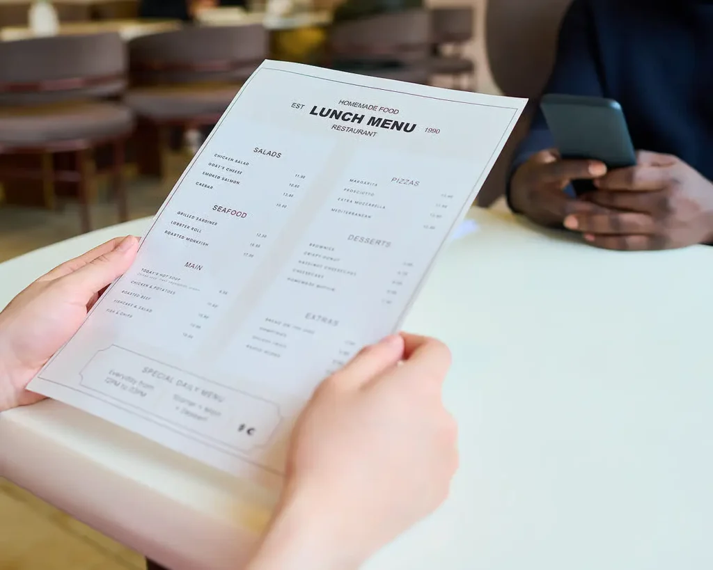 Minimal restaurant lunch menu with clean typography and sophisticated menu layout