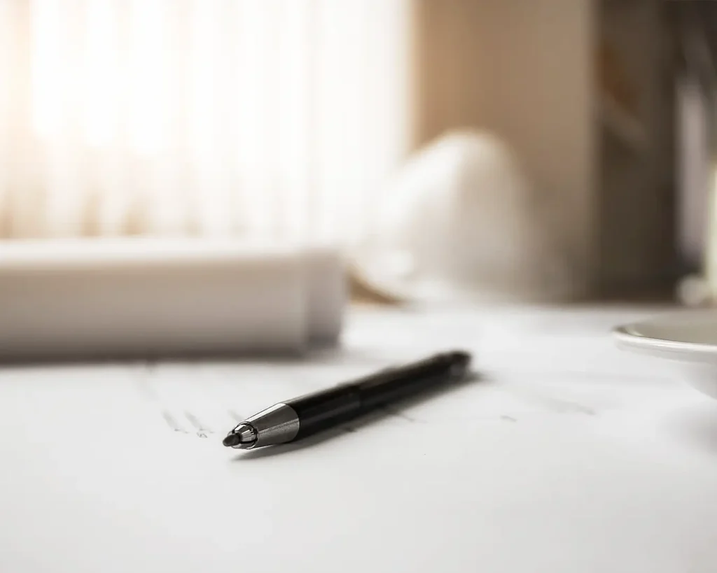 Pen and paperwork representing restaurant font licensing, branding documentation, and legal compliance