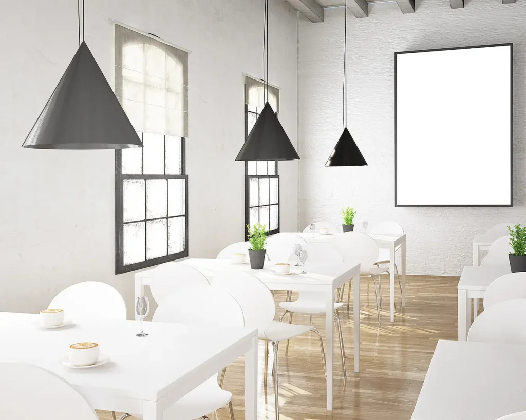Minimalist restaurant interior with modern furniture, lighting, and unique visual identity